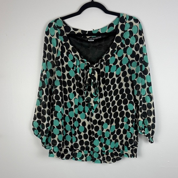 Zac & Rachel Casual Teal & Black Polka Dot Extra Large Long Sleeve Blouse - Picture 2 of 11